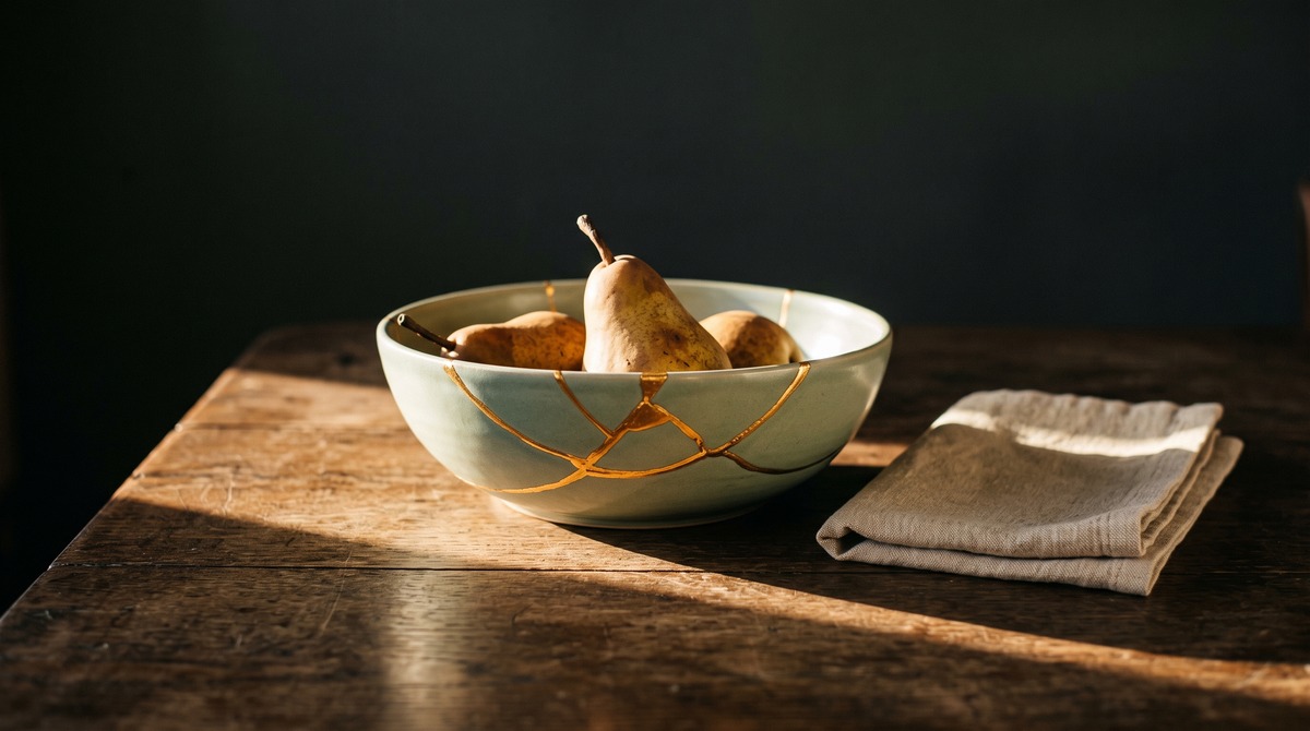 A sage green ceramic bowl that was broken and mended with gold seams, holding three pears on a dark wooden table in low golden sunlight