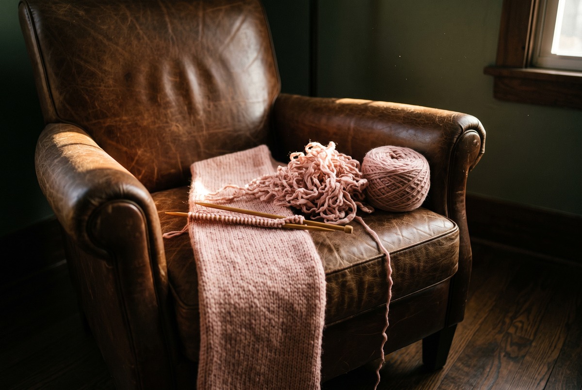 A half finished pink knitted scarf on wooden needles on a leather armchair, with a pile of unraveled yarn and a ball of wool beside it
