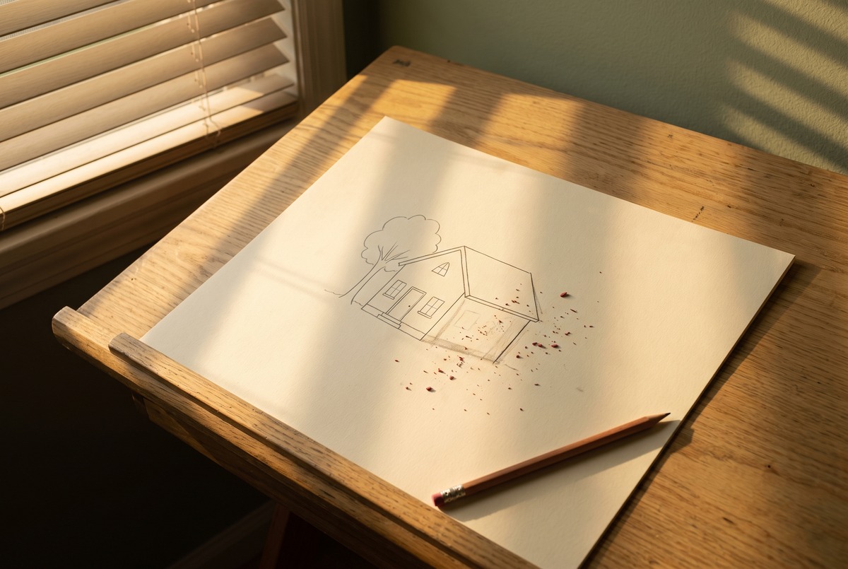 A pencil drawing of a small house on cream paper with one wall erased and redrawn, eraser crumbs scattered over it and a pencil lying beside the drawing
