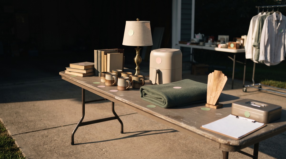 A folding table on a driveway set up for a multi-family garage sale at sunrise, with books, mugs, a lamp, an air fryer, a blanket and a necklace each marked with a round price sticker, and a cash box and clipboard at one end