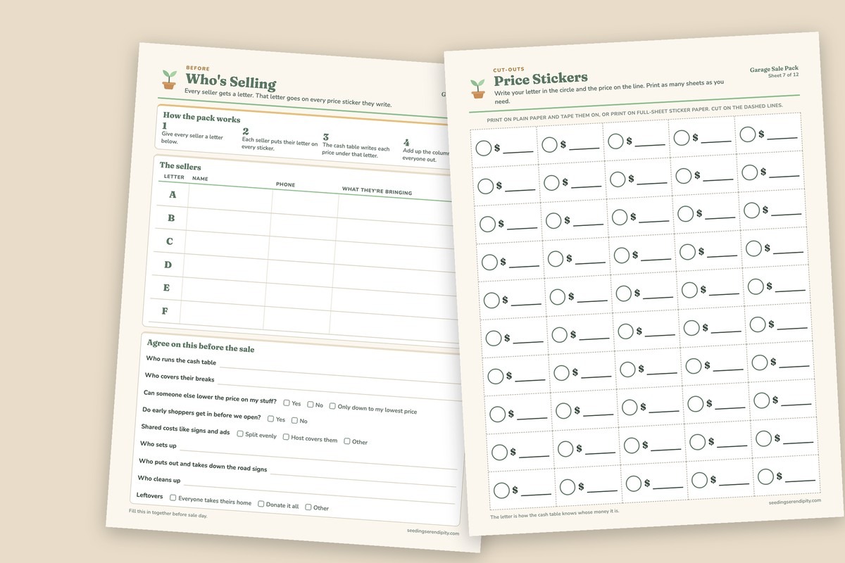 Two printable garage sale sheets side by side: the Who's Selling roster with letters A through F and ground rules, and a page of price stickers with a circle for the seller's letter and a line for the price