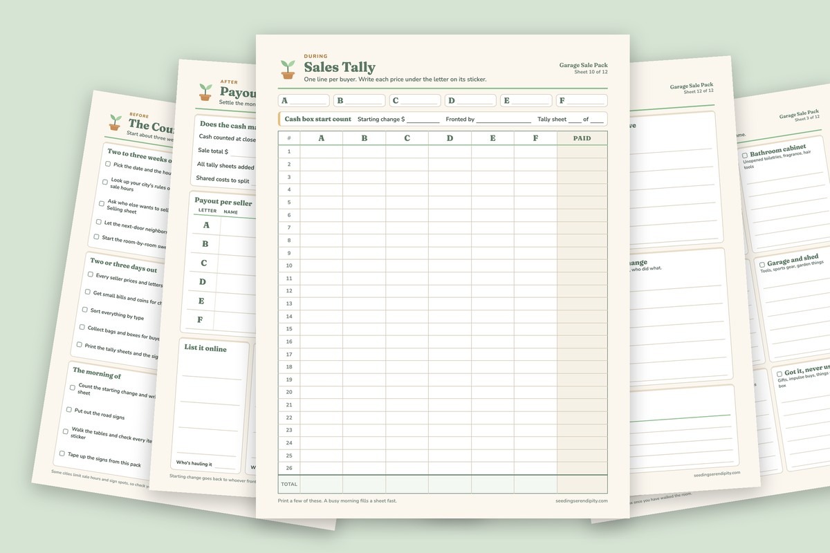The printable Sales Tally sheet with six seller columns and a paid column, fanned in front of the countdown, payout, notes and room sweep sheets from the garage sale pack