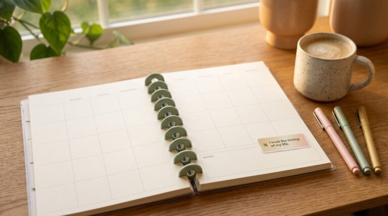 Open disc-bound weekly planner with sage green discs on an oak desk, a small affirmation sticker reading I trust the timing of my life in the corner of the notes box, beside a latte and three pastel pens in morning light.