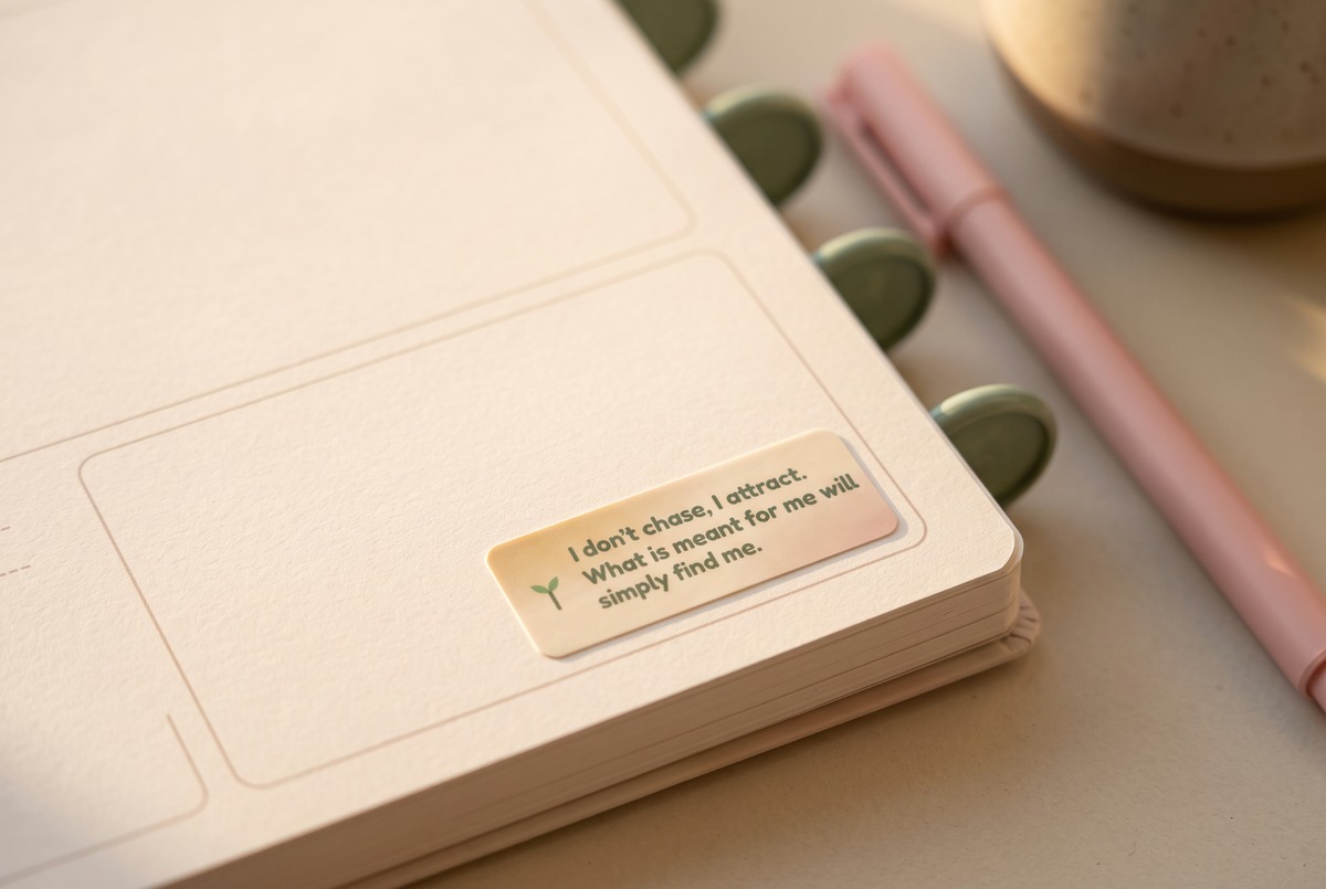 Close-up of a small affirmation sticker reading I don't chase, I attract. What is meant for me will simply find me, stuck in the corner of a planner notes box, with a pink pen and sage planner discs nearby.