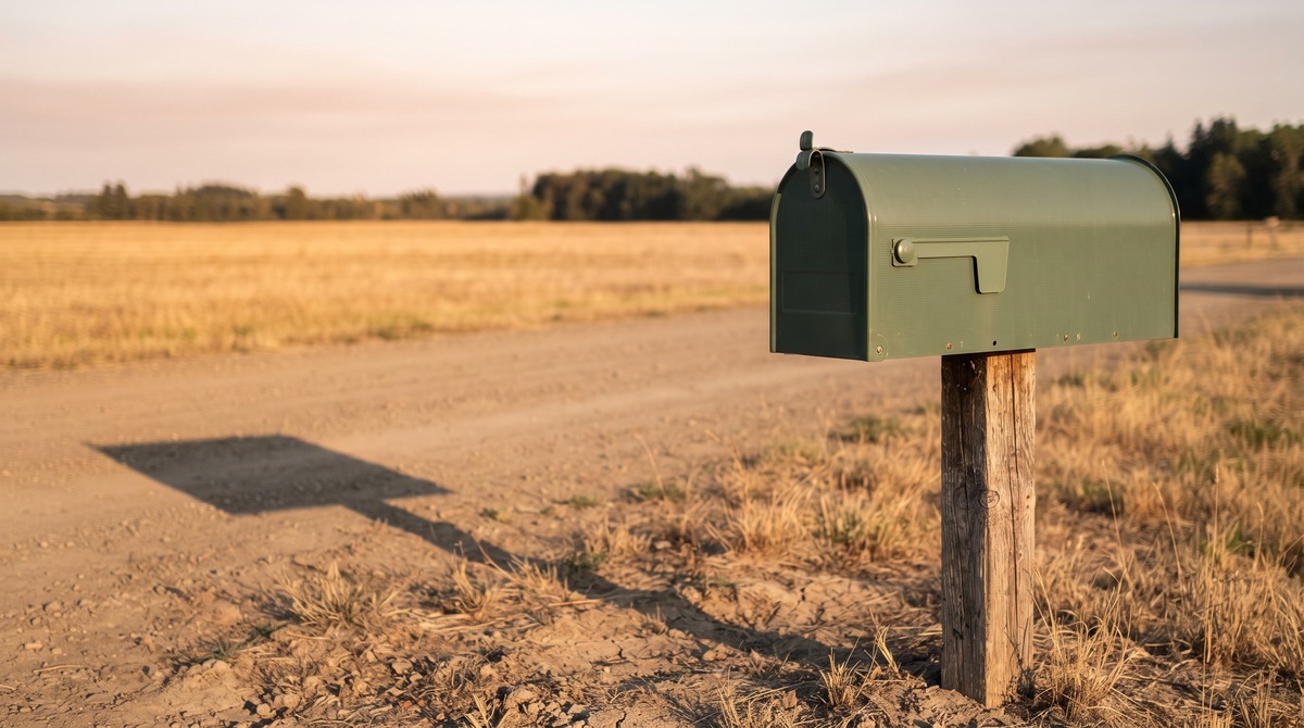 A plain sage green mailbox on a weathered wooden post beside a dusty dirt road and a field of dry golden grass at sunset, waiting through a sweepstakes dry spell.