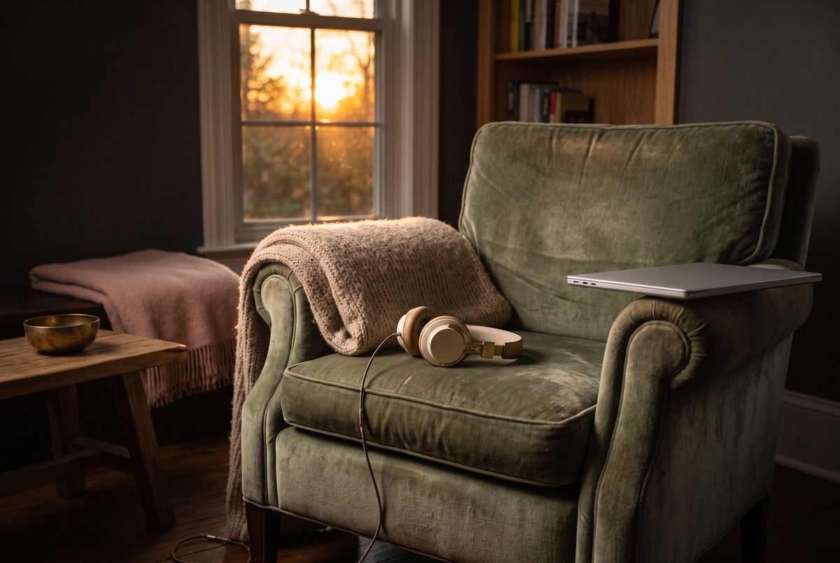 Cream headphones resting on a sage velvet armchair beside a knit blanket and a closed laptop at sunset, set up for a relaxed sweepstakes session with no pressure.