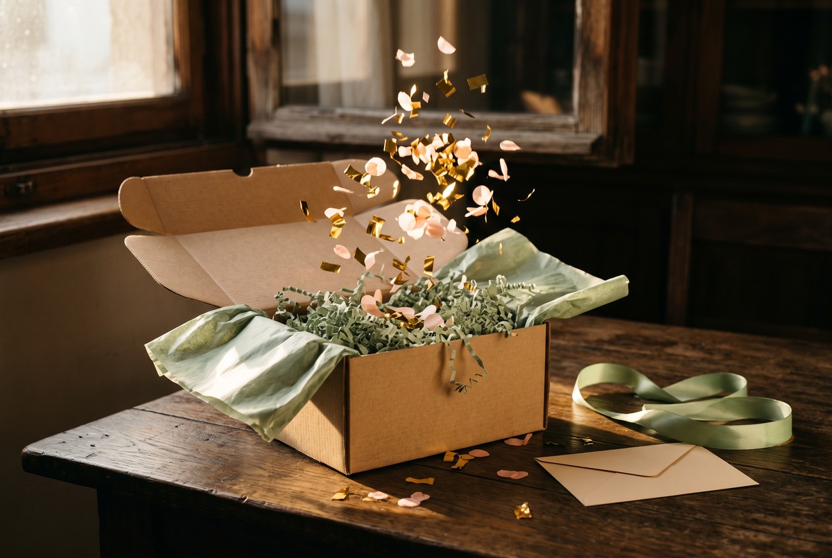 An opened kraft box spilling sage crinkle paper on a dark wooden table, with gold and blush confetti bursting out of it like a sweepstakes prize arriving.