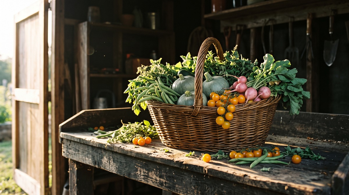 A woven willow basket overflowing with green beans, sage squash, pink radishes and golden cherry tomatoes on a weathered potting bench in late sun, more harvest spilling around it, like a week that held more than it felt like.