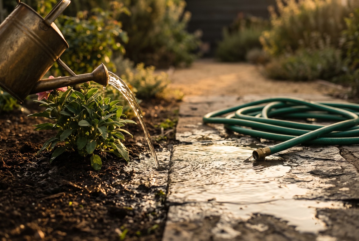 A brass watering can pouring a golden arc of water onto a green plant in dark soil, beside a coiled garden hose leaking into a puddle across flagstones, effort that feeds something next to busy work that runs off.