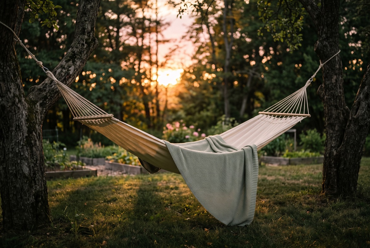 An empty cream hammock with a sage knit blanket strung between two trees at the edge of a garden at sunset, rest as part of a good week.